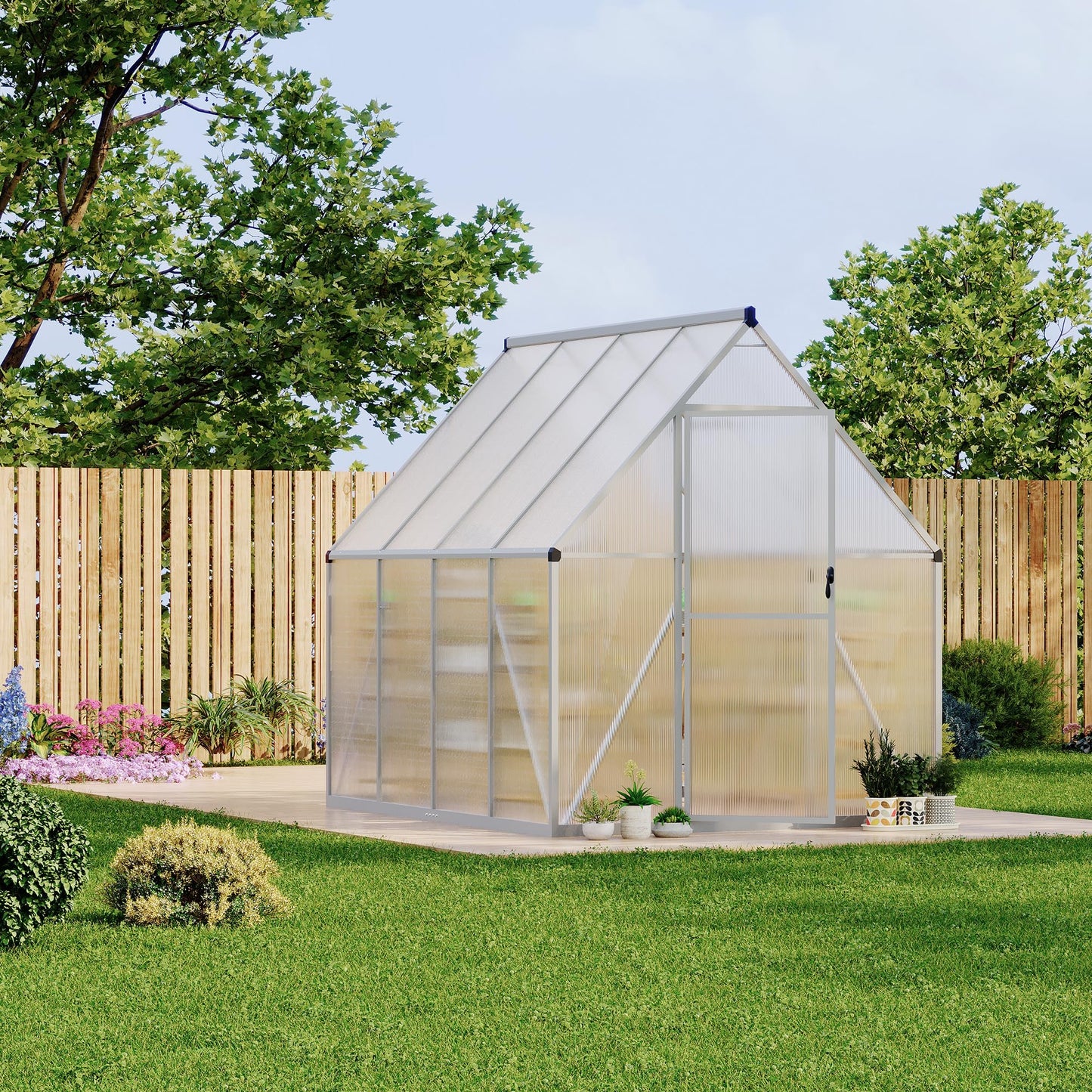 GarveeHome Large 6x7 Ft Walk-in Greenhouse, Aluminum Frame & Polycarbonate Panels for Growing Environment, Includes Roof Vent & Easy Assembly, Silver