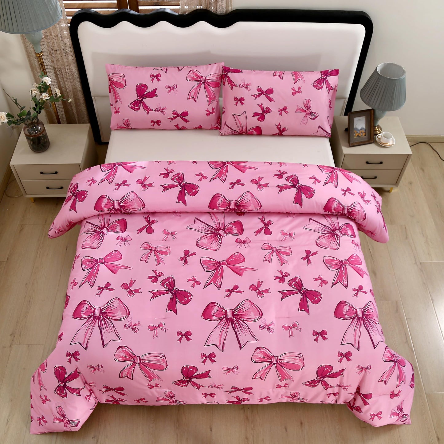 SDIII Pink Bow Comforter Set Twin 3 Pieces, Soft and Breathable Microfiber Lightweight Bows Comforter Twin, Pink Bow Bedding Set for Girls Kids Teens