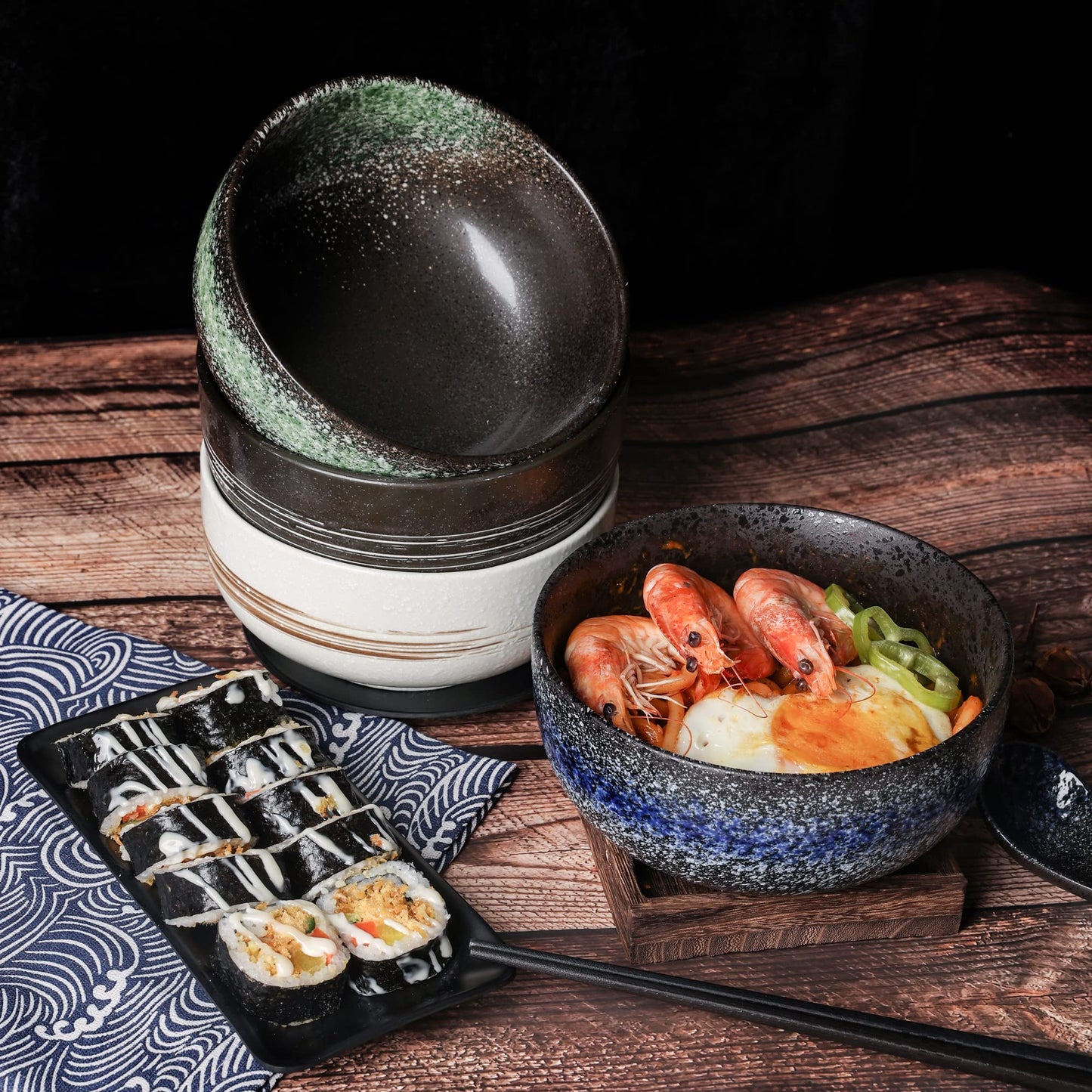 Cteaffee Ceramic Ramen Bowl Set, 38 OZ, Japanese Style, Durable, Microwave & Dishwasher Safe, Includes Spoon & Chopsticks (6), Blue