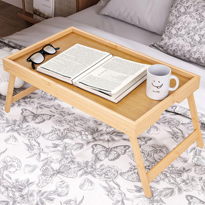 Bamboo Bed Tray Table with Foldable Legs Breakfast Tray, Lightweight Laptop Desk for Eating, Reading, Working in Bed or Sofa – Portable Lap Desk with Handles, Perfect for Home - Natural