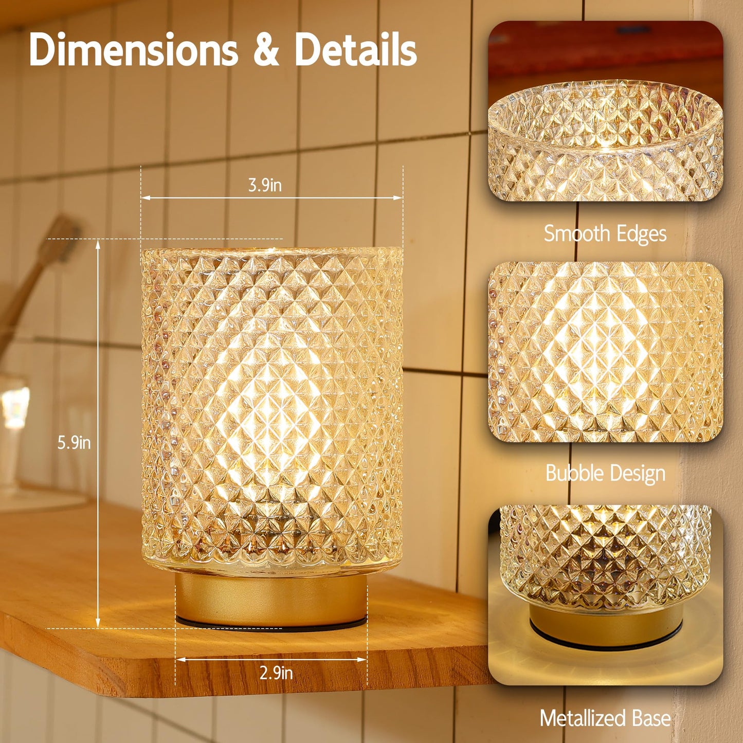 Battery Operated Lamp,Cordless Glass Accent Table Lamp with Timer for Bedside,Small Decorative Lamp with Warm White LED Bulb for Nightstand/Bookshelf/Entryway/Tabletop/Counter Decor(Iridescent Clear)