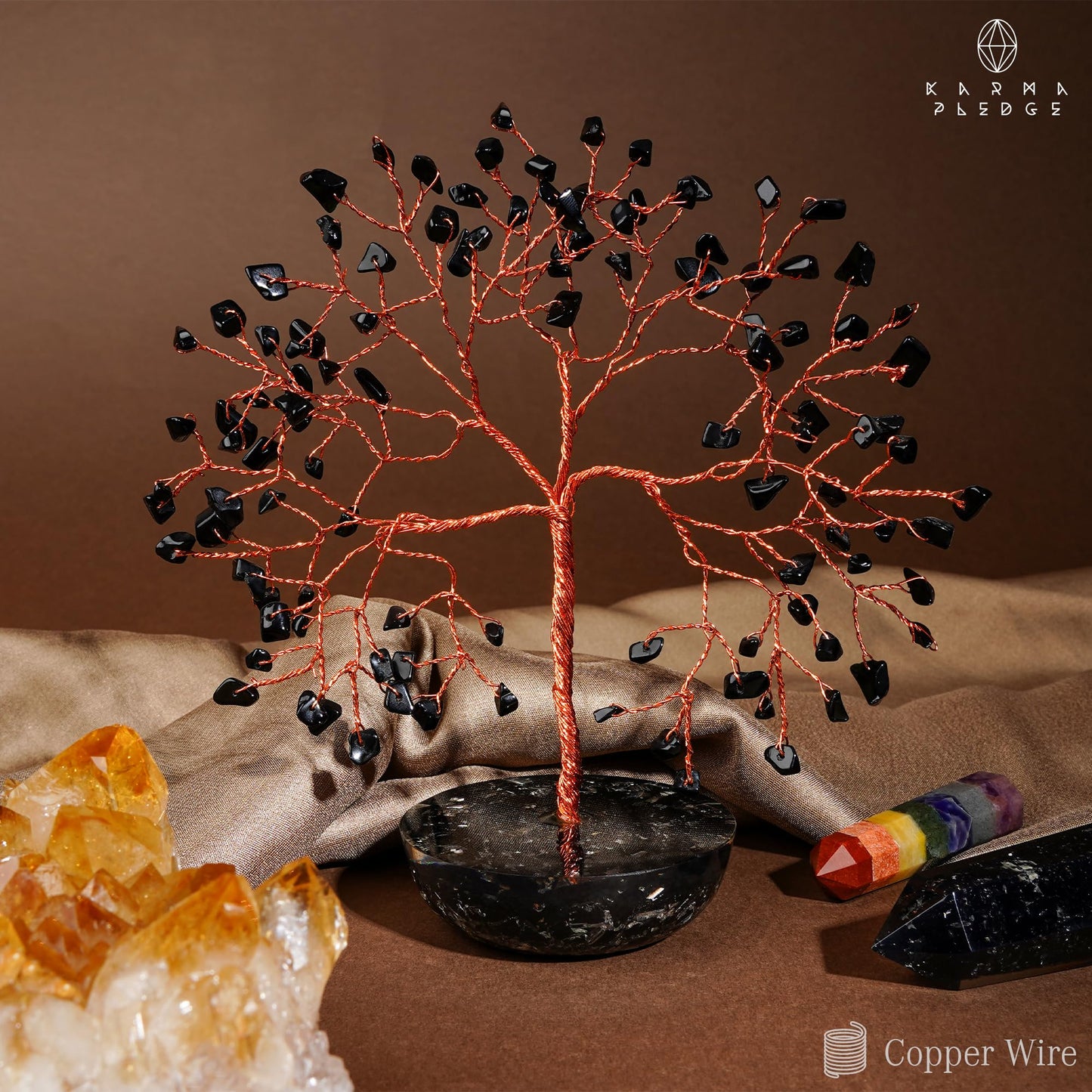 KARMAPLEDGE 7 Chakra Black Obsidian Crystal Tree of Life Positive Energy & Good Luck, Money, Feng Shui Decor, Home and Office Desk Decoration, Spiritual Gifts for Women, for Dad