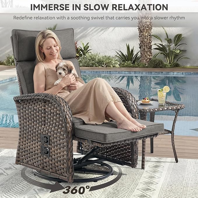 Zero Gravity Patio Swivel Rocking Recliner Chairs Set of 2 - Wicker Outdoor Lounge Chair with Adjustable Backrest & Footrest, All Weather Reclining Rocker Chairs with Thick Cushion for Pool Deck Grey