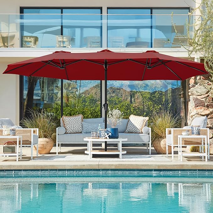 SUPERJARE 15FT Outdoor Umbrella for Patio, Double sided Pool Umbrellas with Fade Resistant Canopy, Large Table Umbrella for Deck, Market, Backyard - Burgundy