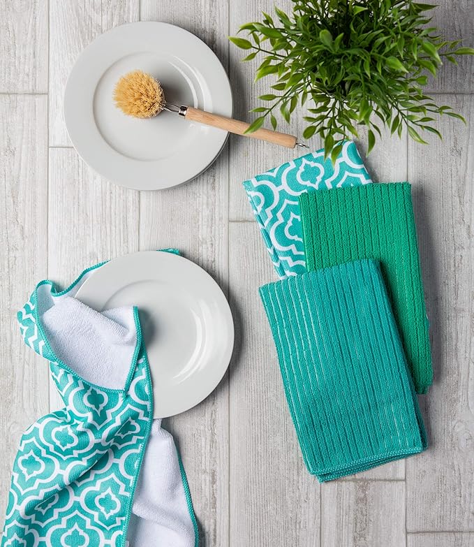 DII Cleaning Collection Multi-Purpose Microfiber, Teal Lattice, Dishtowel Set