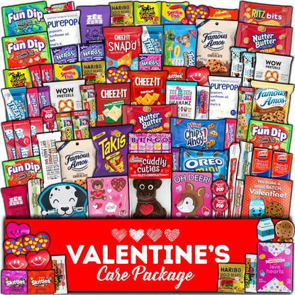 Valentine's Day Gift Care Package (80ct) Snacks Chocolates Candy Box Assortment Variety Bundle Present Kids Adults Boy Girl Guy Friend College Husband Wife Boyfriend Girlfriend Love
