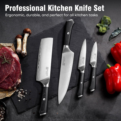 PAUDIN Kitchen Knife Set, 4 Pieces Chef Knife Set, High Carbon Stainless Steel Knife Set, Ultra-Sharp Knives Set for Kitchen with Ergonomic Wooden Handle, Gifts for Men and Women