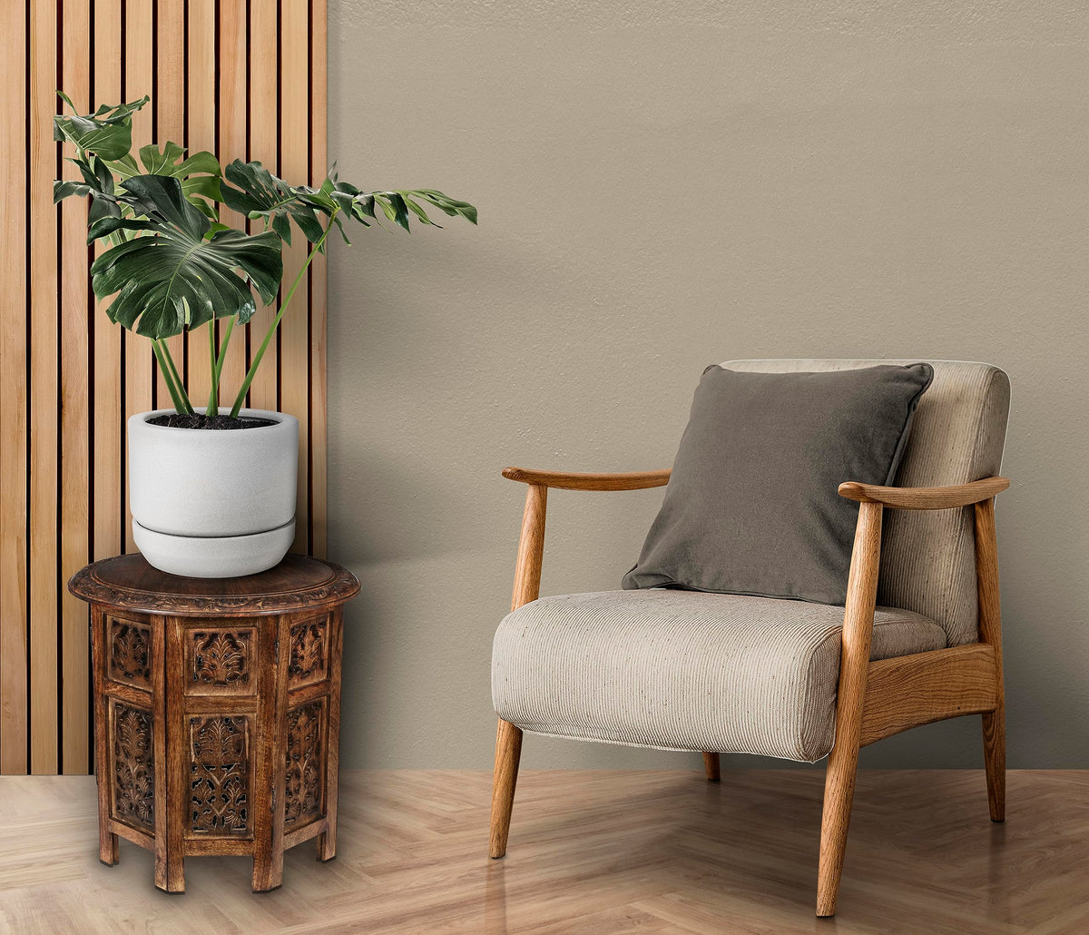 Lightnpro Handcrafted Wooden Round Accent Table - Vintage Farmhouse Octagonal Side End Table with Intricate Carvings for Living Room, Bedroom, Entryway - 18x18 Inch - Burnt
