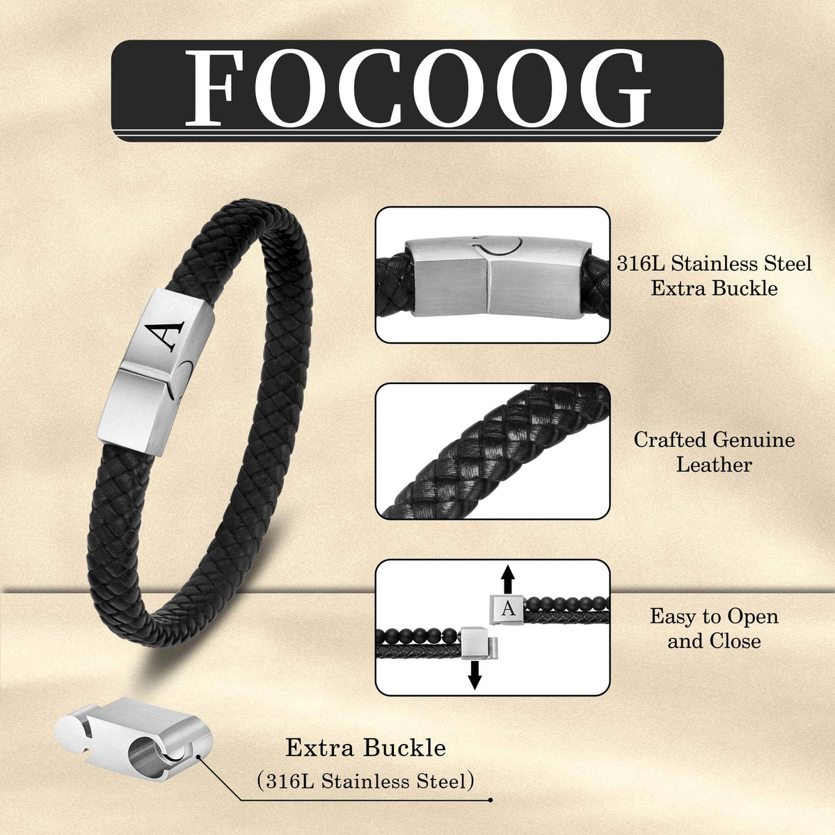 FOCOOG Gifts for Men Bracelet - Mens Bracelets with Initial Magnetic Clasp Gift for Husband Mens Leather Bracelets for Men Gift Initial A Bracelet for Men's Jewelry Men's Gifts for Dad Husband