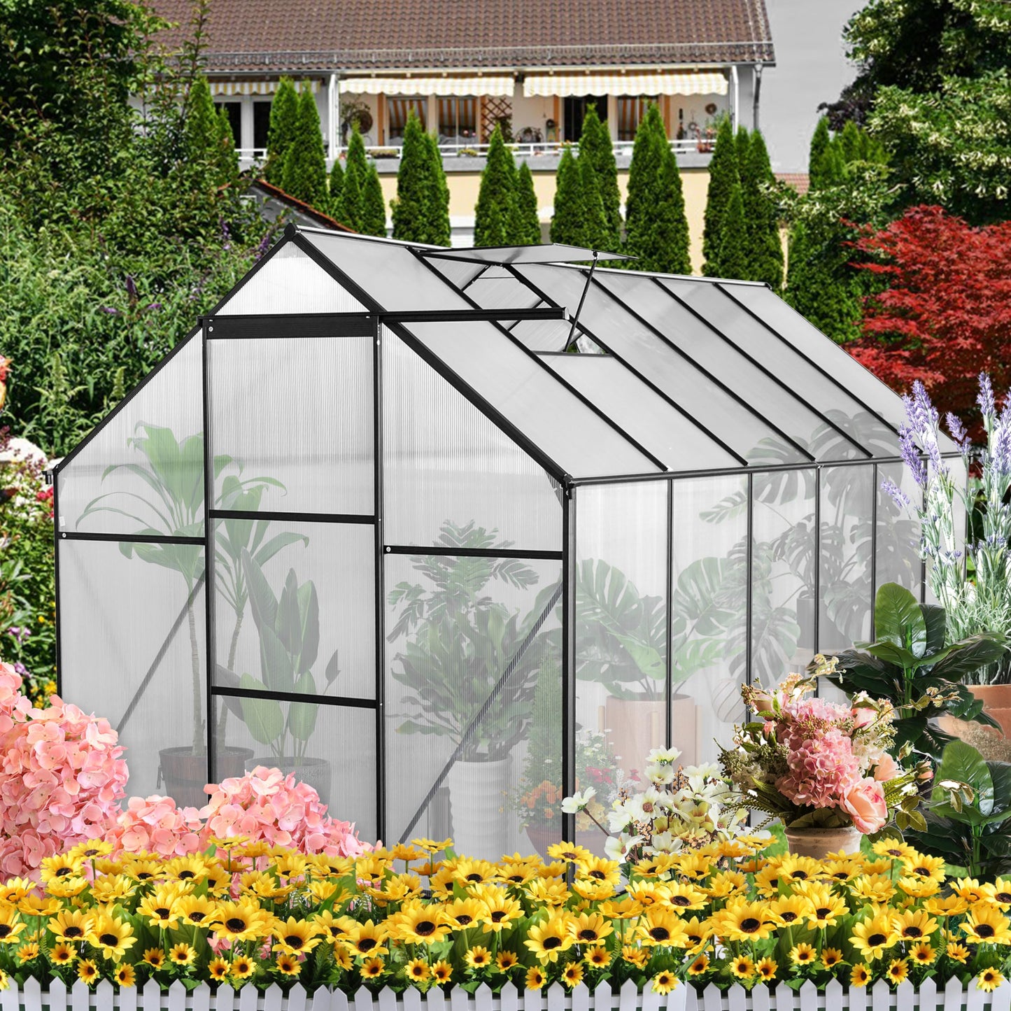 KEIKI 6x12 FT Polycarbonate Greenhouse with Aluminum Frame,Raised Base and Roof Vent,Walk-in Greenhouses for Patio Garden