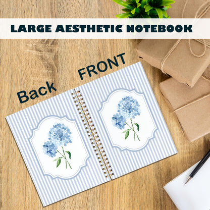 ignytiger Blue Hydrangea Notebook Journal, Hydrangea Gifts, Cute Blue and White Stripes Girly Floral Journal Spiral Notebook Aesthetic Office Supplies, 5.5x8.3 Inch