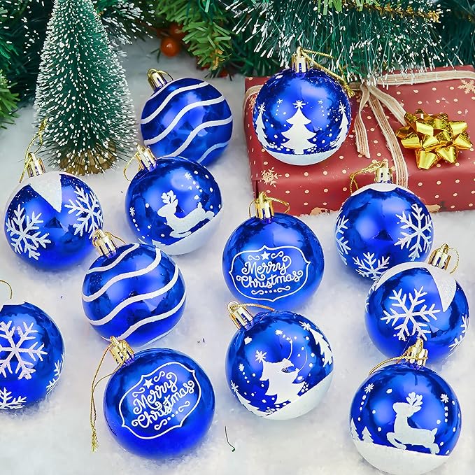 Joiedomi 36 Pcs Blue Christmas Ball Ornaments Set, 2.3" Delicate Painting & Glittering Christmas Tree Ornaments, Shatterproof Xmas Hanging Indoor Decoration for Tree Wreath Holidays Party Supplie