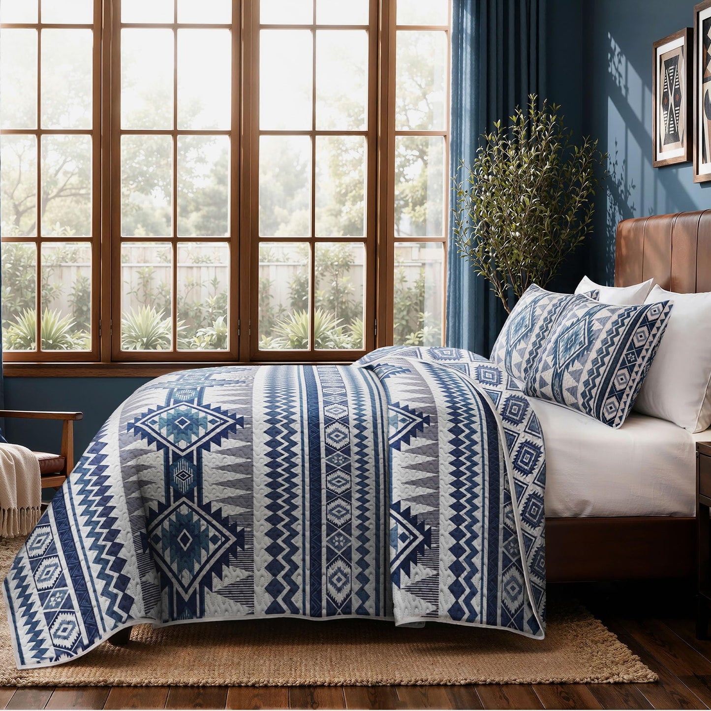 akkialla Reversible Blue Boho Queen Quilt Set, 2-Piece Bohemian Aztec Microfiber Bedspread, Soft Lightweight All-Season Coverlet (1 Quilt, 2 Shams)