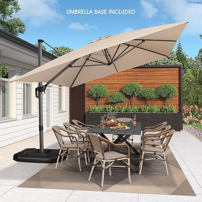 PURPLE LEAF 10' X 13' Patio Umbrella with Base Outdoor Cantilever Rectangle Umbrella Aluminum Offset Umbrella with 360-degree Rotation for Garden Deck Pool Patio Beige