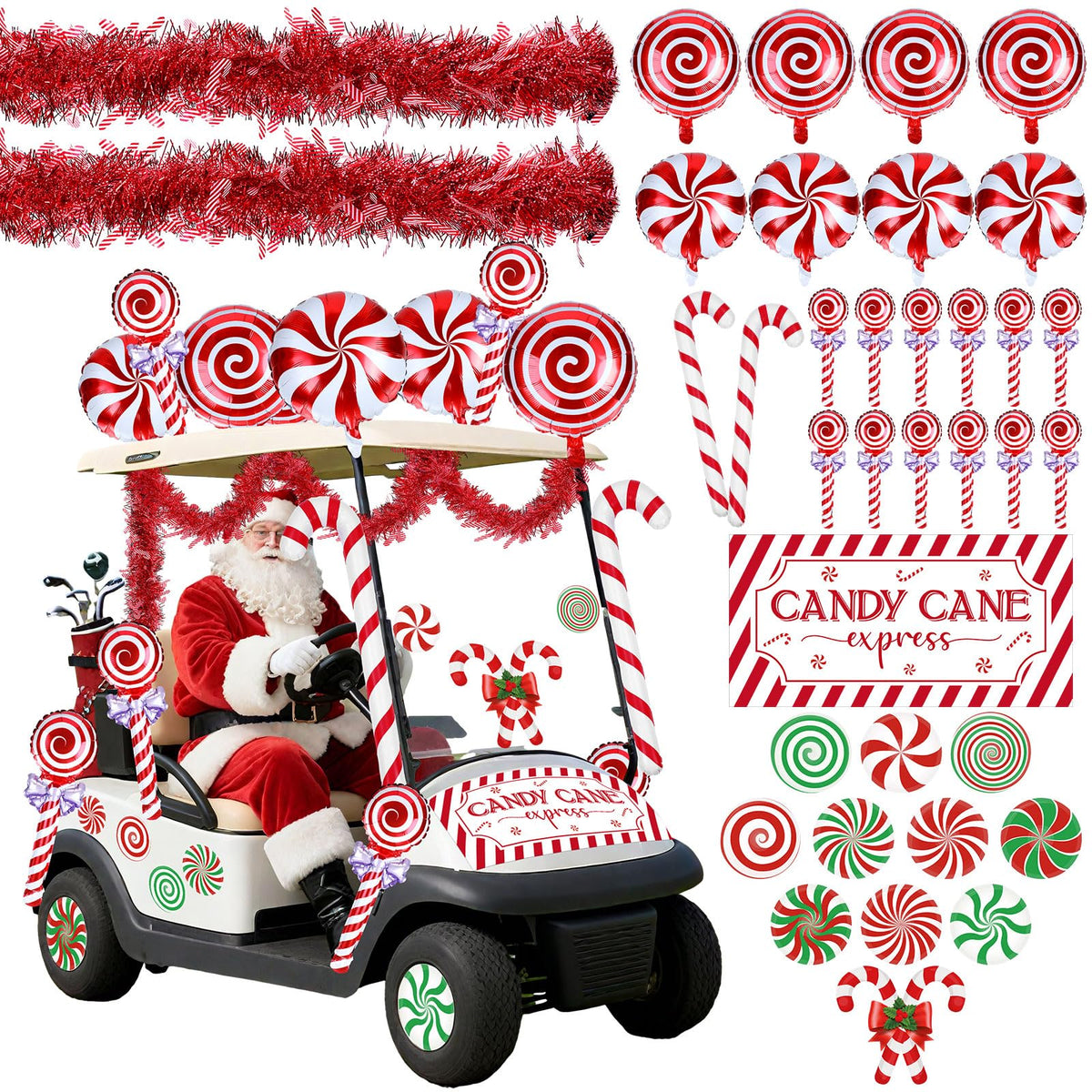 Leyndo 46 Pcs Christmas Golf Cart Decorations Kit Christmas Candy Cane Parade Decor Red Green and White Car Decoration with Banner Candy Cane Hanging Garland Stickers Balloon for Xmas Party