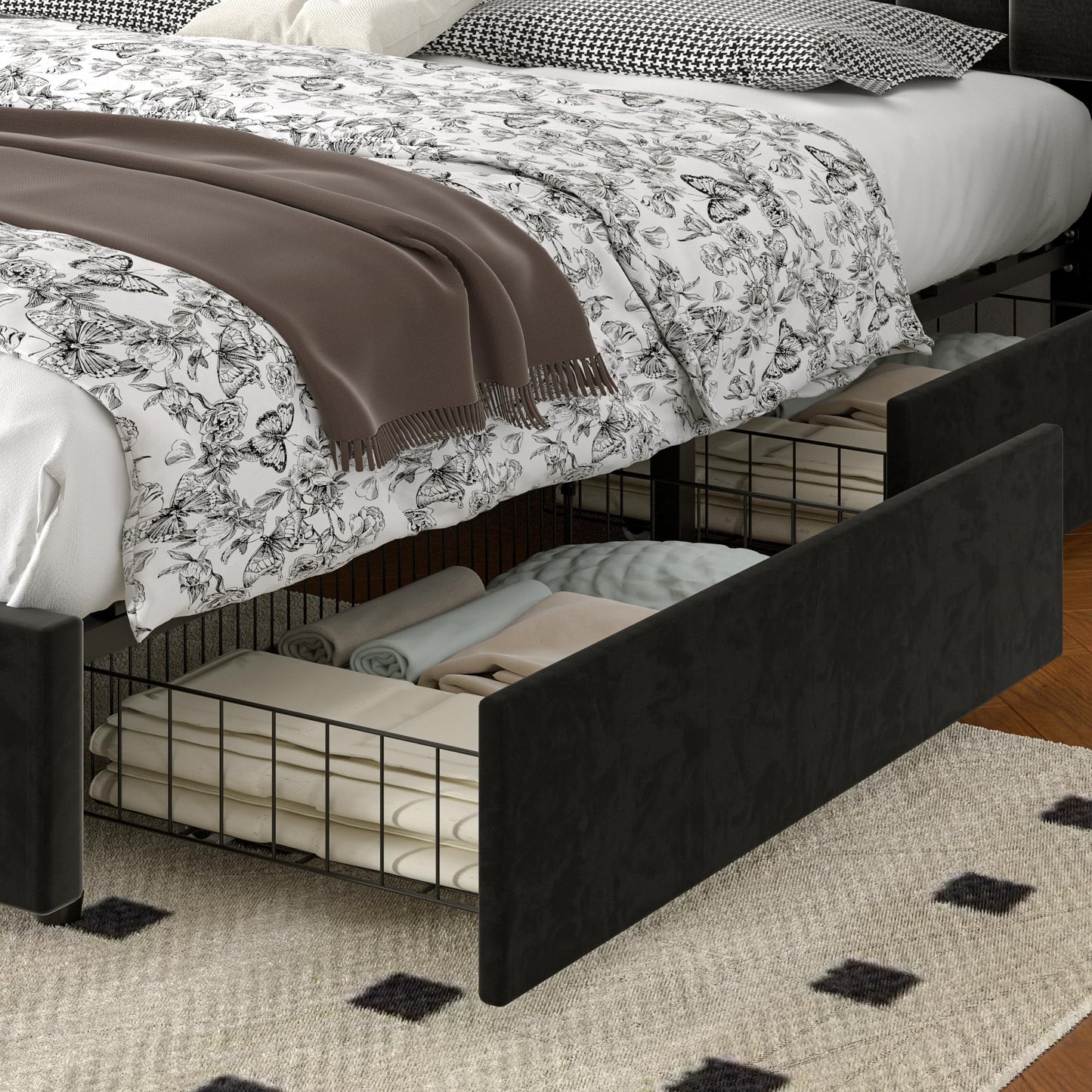 VECELO Full Size Upholstered Bed Frame with 4 Drawers and Headboard, Velvet Platform Storage Bedframe, Wooden Slats Support, No Box Spring Needed,Black