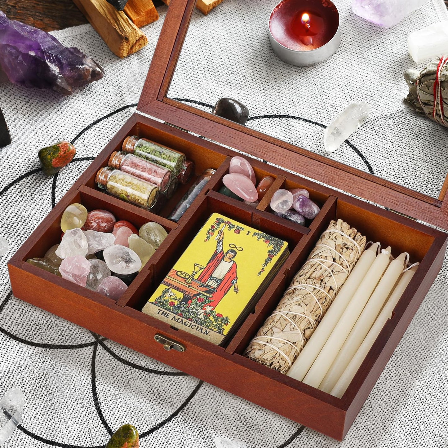Mooncraftlogy Adjustable Rock Display Case, Crystal Collection Box with Shelves, Wood Witchy Stones Organizer Storage,Gem Holder with Lid for Seashell, Collectibles, Wiccan Gift (Brown)