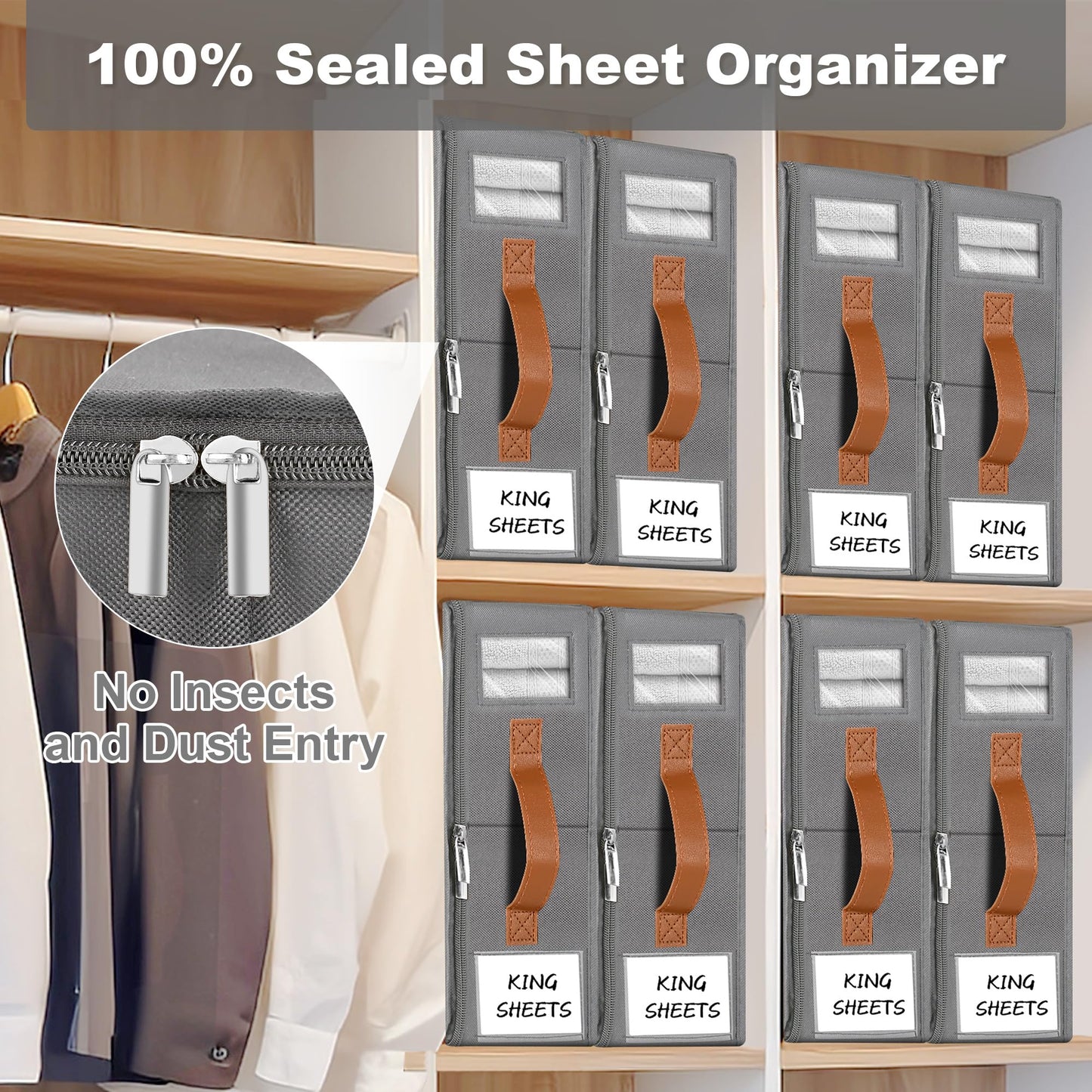 KitHero 4pack Bed Sheet Organizer, Foldable Linen Closet Organizers and Storage with Sealed Design, Queen & King Size Sheet Storage with Window, Closet Organizer for Bedsheets/Blankets/Clothes, Grey