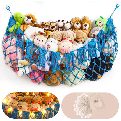 Stuffed Animal Hammock Net with Lights - Big Toy Net Hammock for Organizing Teddy Bear and Stuffy Storage, Xlarge Plushie Net for Kids Bedrooms Playroom Nursery(Blue XL)