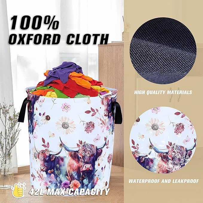 Highland Cow Laundry Basket Cow Animal Foldable Oxford Cloth Funny Tote Bag