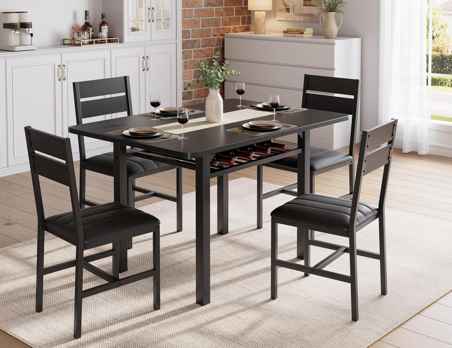 MapleGrace Dining Table Set for 4, Extendable Kitchen Table with 4 PU Leather Upholstered Dining Room Chairs, Wood Kitchen Table Set with Built-in Storage Rack for Dining & Small Spaces, Black