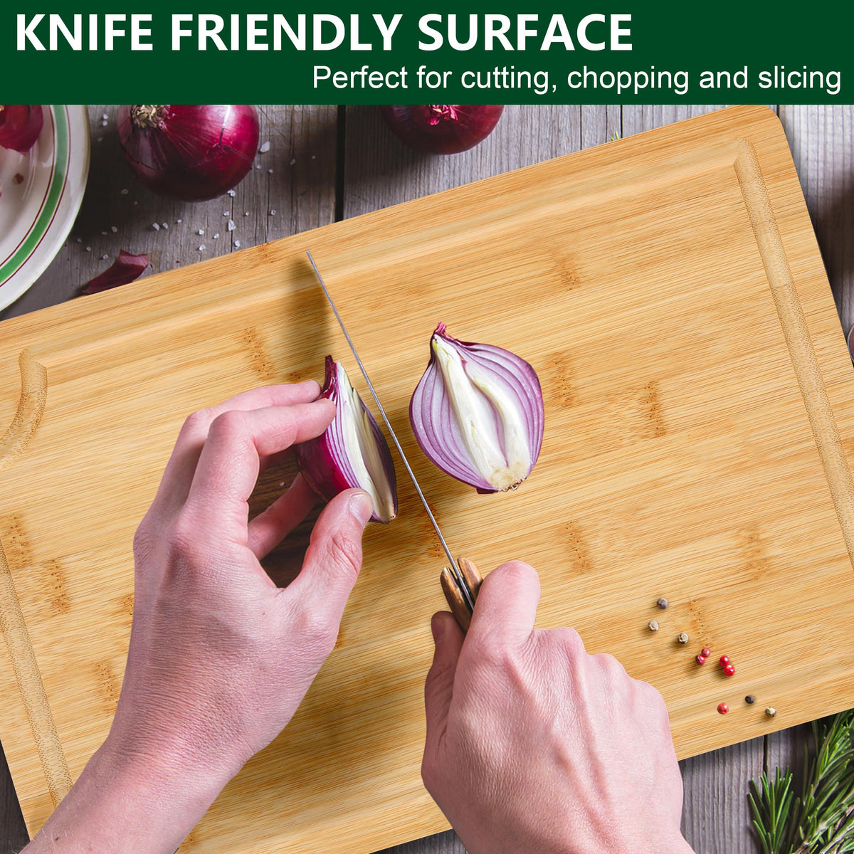 Funnydin 3PCS Bamboo Cutting Board Set - Durable Wooden Cutting Boards with Deep Juice Grooves & Built-in Handles & Hanging Holes, Ideal for Chopping Meat, Vegetables, Dishwasher Safe