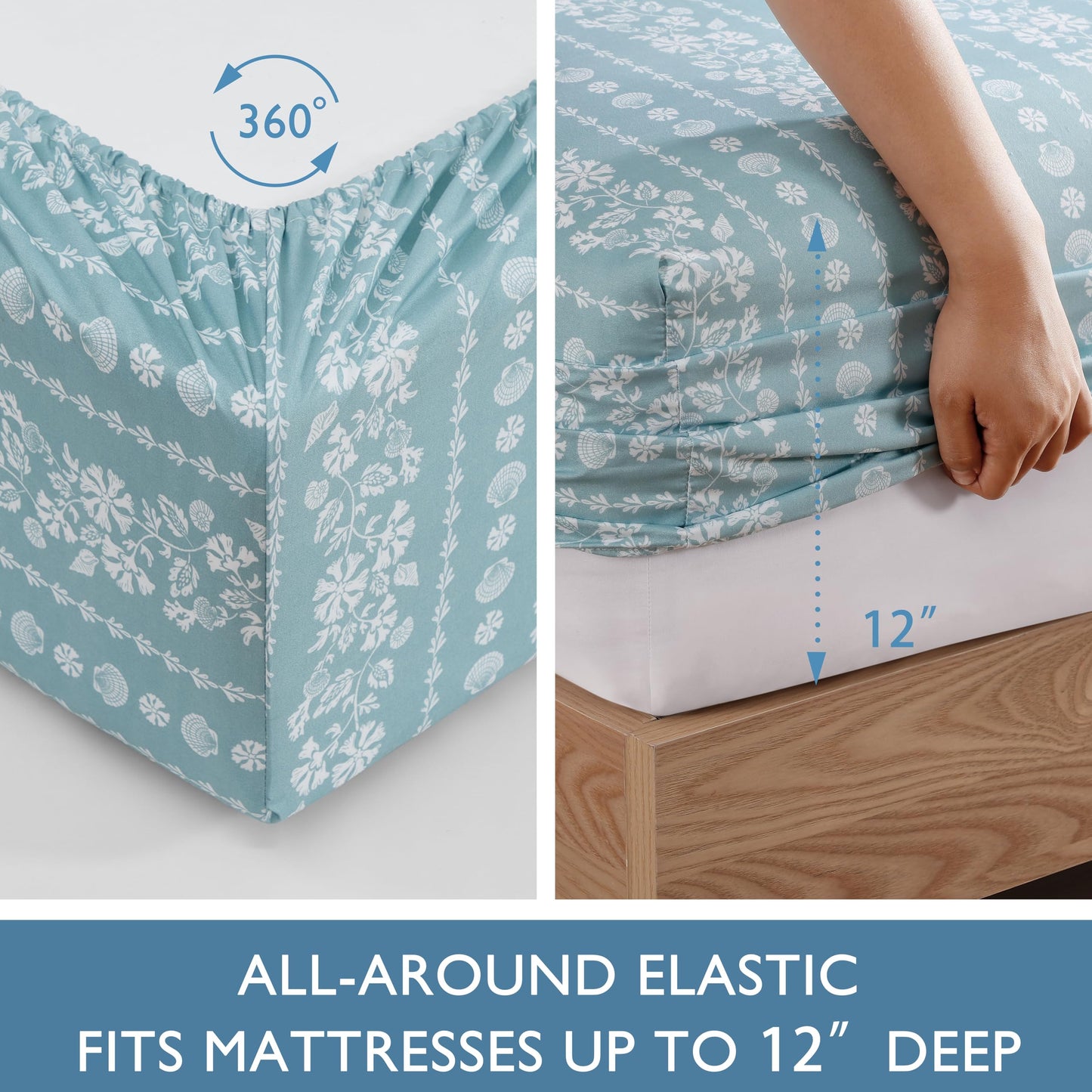 Caribbean Joe 6-Piece Sheet Set with Cooling Pillowcases, 12-inch Deep Pockets, Tropical Beach Coastal Design, Queen, Coastal Stripe Light Blue