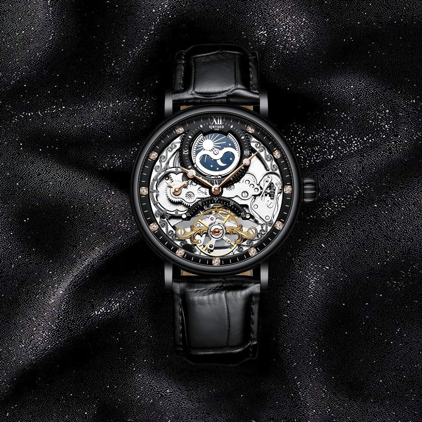 IK COLOURING Mens Luxury Skeleton Automatic Mechanical Wrist Watches Leather Moon Phrase Luminous Hands Self-Wind Watch