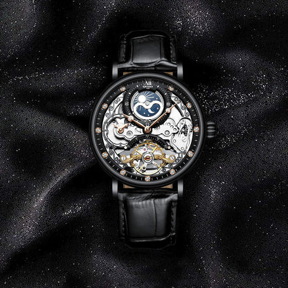 IK COLOURING Mens Luxury Skeleton Automatic Mechanical Wrist Watches Leather Moon Phrase Luminous Hands Self-Wind Watch