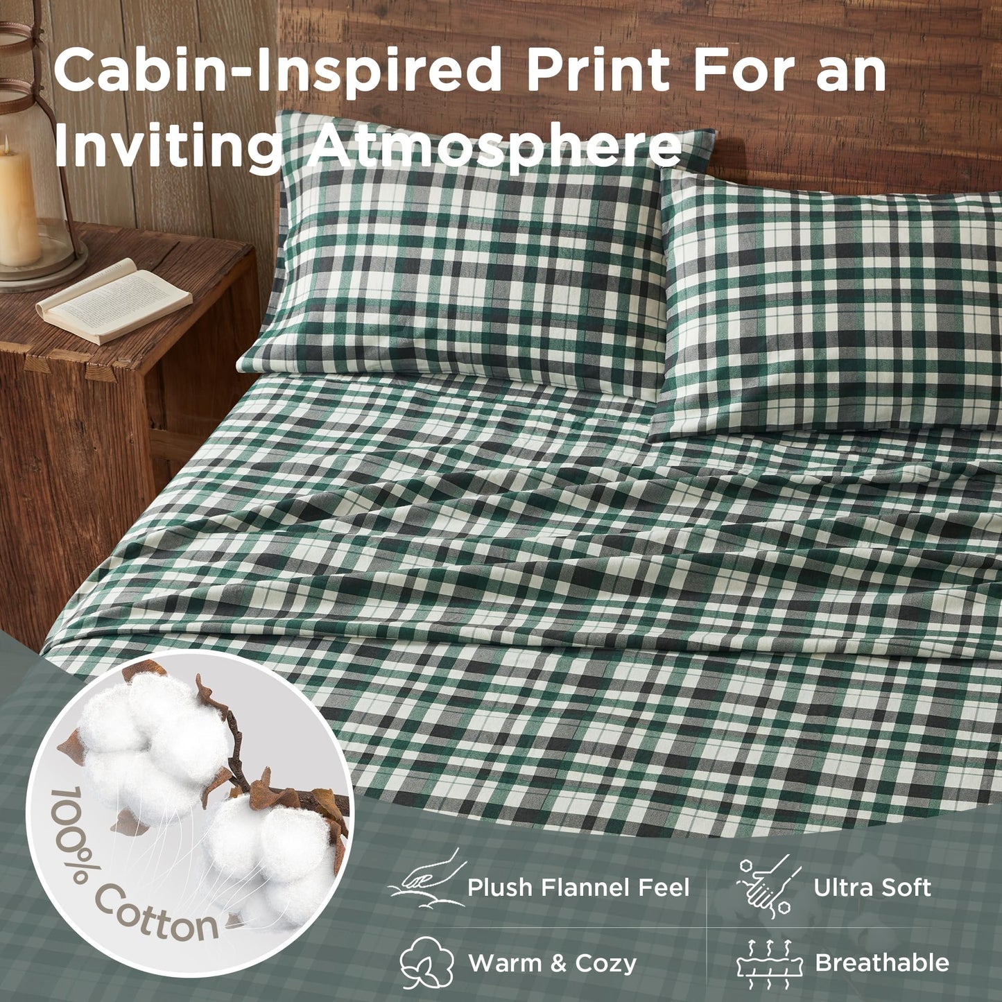 Woolrich Cotton Sheet Set Cottage Charms Print, 100% Cotton Flannel Sheets Warm & Fuzzy Bedding Set Queen Size Sheets, Fitted Pocket Fits Up to 14" Mattress, Queen Finton, 4 Piece