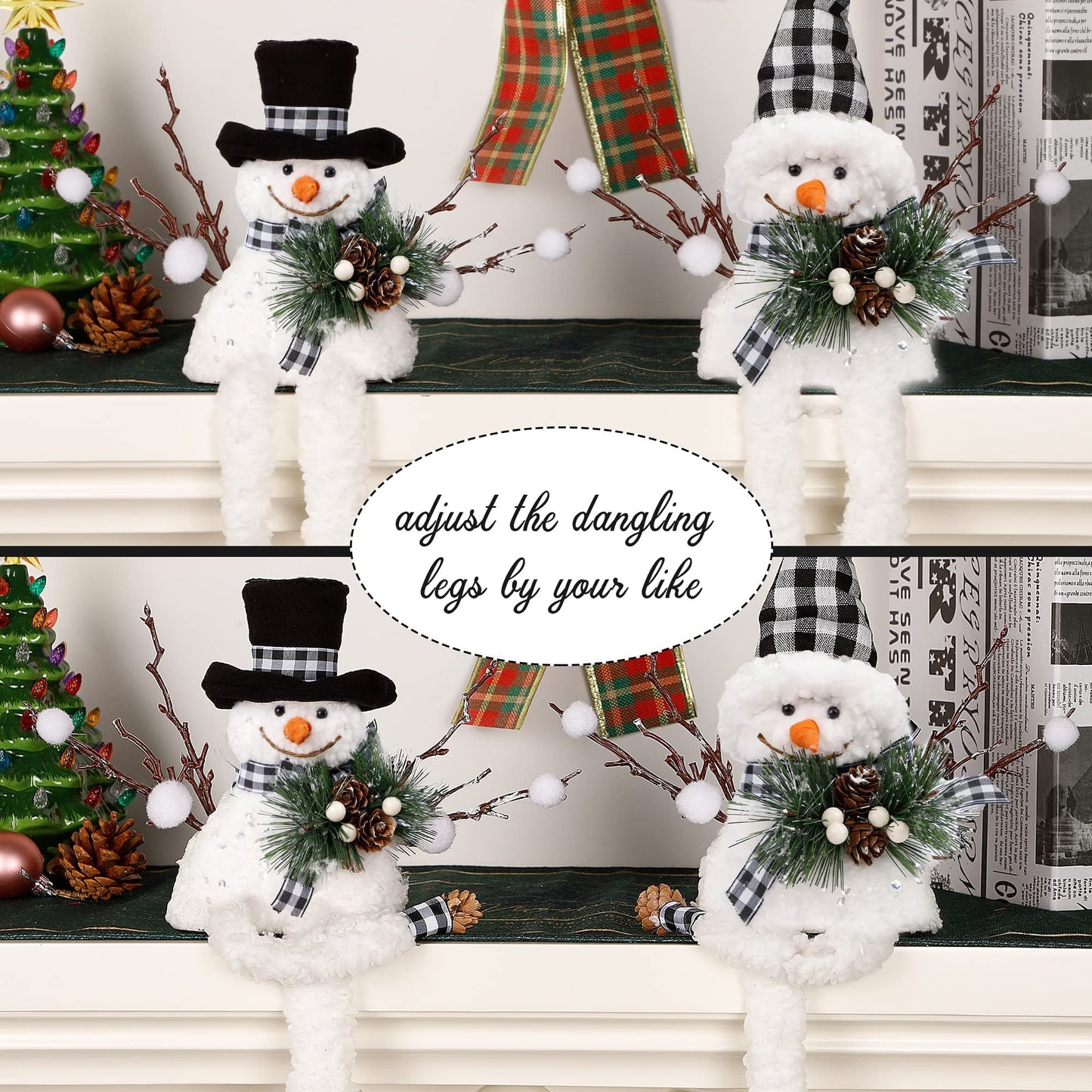 Lulu Home Christmas Snowman Decorations, Set of 2 Plush Shelf Sitters with Dangling Legs, Buffalo Checked Christmas Snowman Ornaments for Table Mantel Desk Fireplace Home Holiday Decor