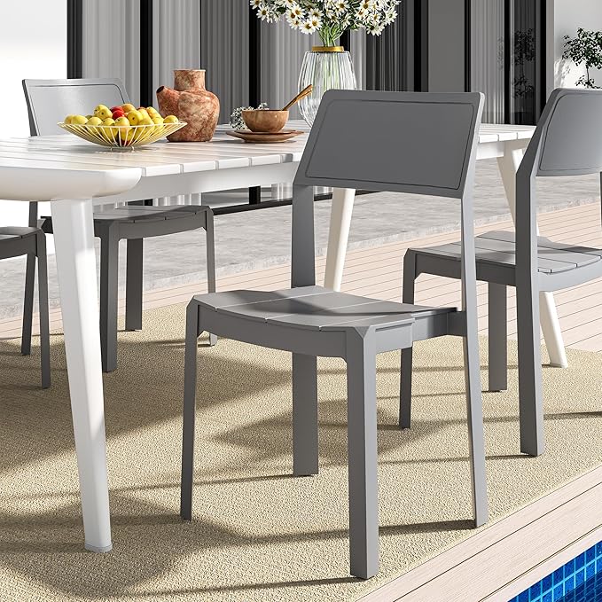 VECELO 4 Pack Stackable Dining Chairs, Plastic Patio Chairs for Indoor Outdoor Use in Kitchen, Poolside, No Assembly, Gray