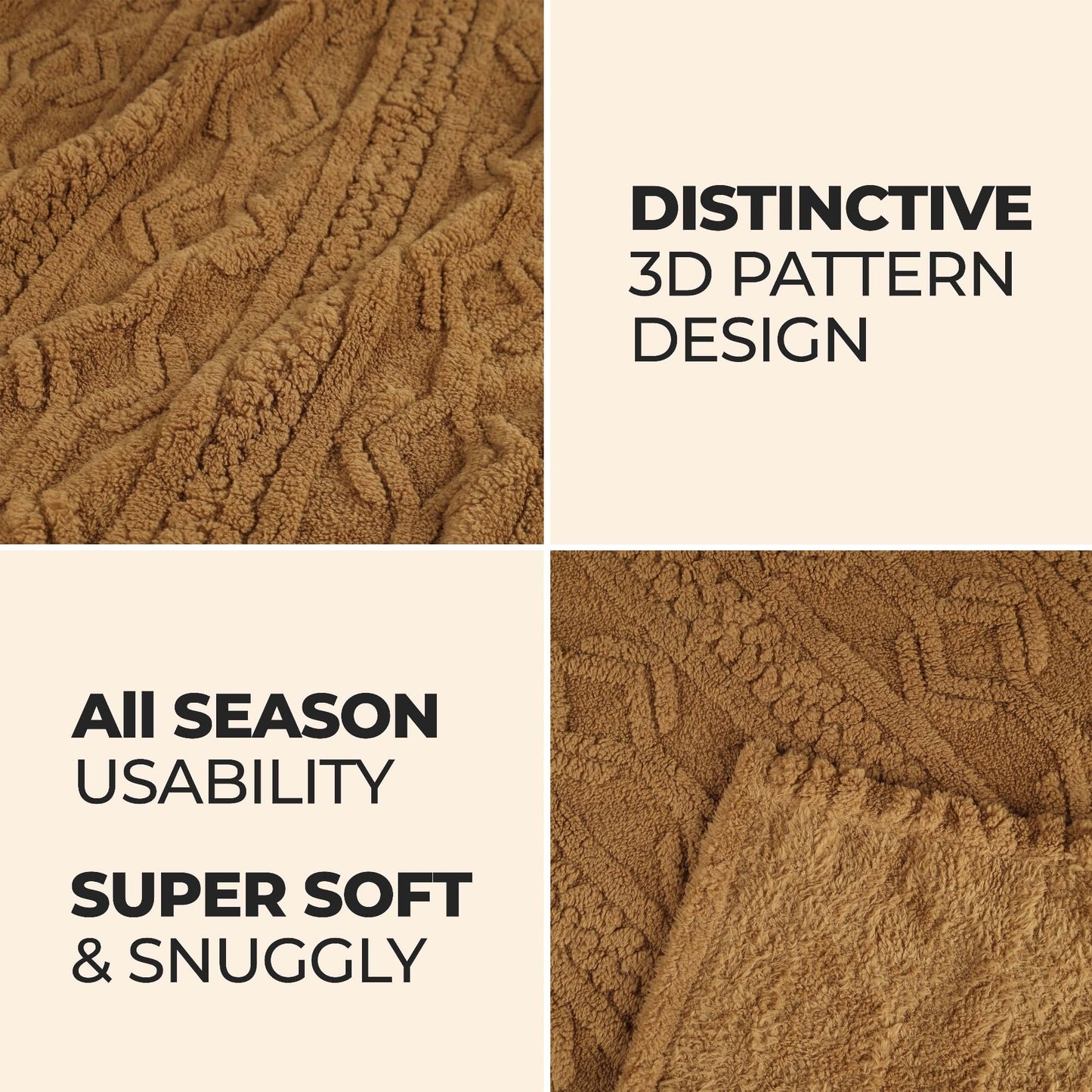 Superior Fleece Boho Jacquard Blanket, Decorative Blankets for Bedroom, Sofa, Fuzzy, Plush, Fluffy, Soft, Cute Room Decor, Beautiful Cover, Comfort Essentials, Arctic Collection, King, Camel