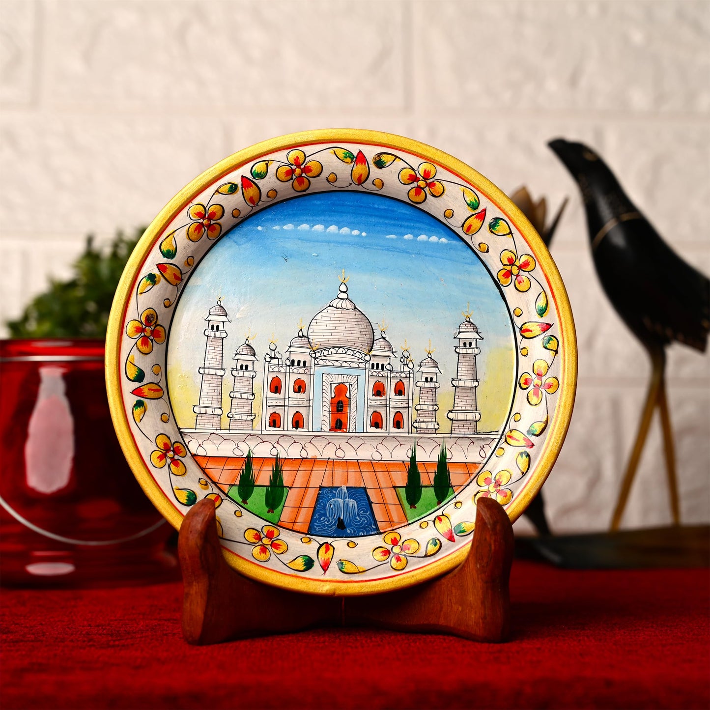 Tarini Gallery Marble Decorative Plate Traditional Indian Handpainted Round Shape Showpiece Pottery Plate with Stand for Decoration Home Office Décor and Gifting (Taj Mahal)
