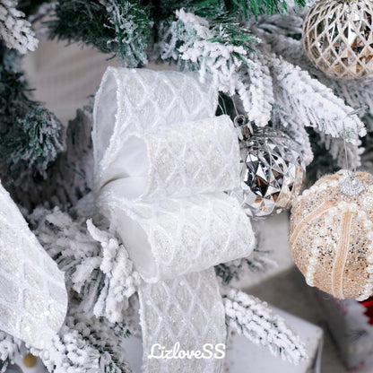 LIZLOVESS White Christmas Ribbon 2.5" Glitter Mesh Wired Ribbon for Christmas Tree White Diamond Honeycomb Ribbon for Gift Wrapping, Crafts, Wreath Supplies, Garland, Tree Topper Bows - 10 Yards