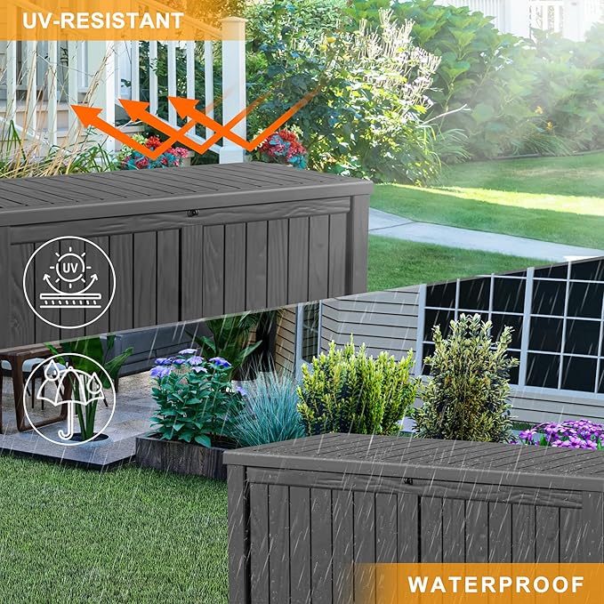 150 Gallon Outdoor Deck Box, Lockable Waterproof Outdoor Storage Boxes For Garden Tools,Indoor Cushions,Accessories Outside Storage Resin Weatherproof Container(Black)