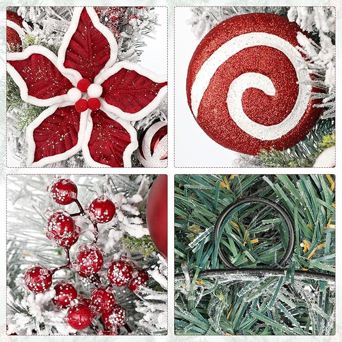24 inch Christmas Door Wreath, Poinsettia Wreaths for Front Door with Candy Cane Red and White Ball Berries for Fireplace Xmas Decorations, Wall Window Indoor Outdoor Decor