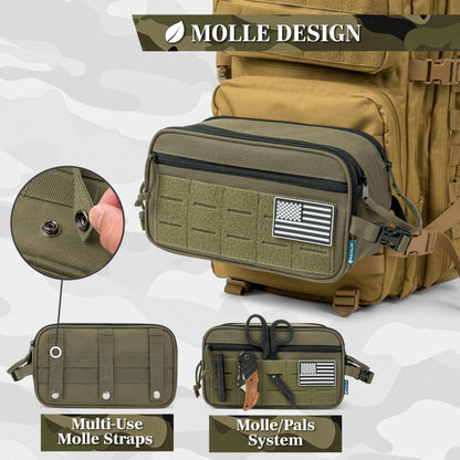 PAVILIA Tactical Toiletry Bag for Men, Travel Hygiene Bag, Military Gear Dopp Kit, Water Resist Molle Accessories Pouch, Mens Shaving Essentials, Gym Bathroom Shower Small Toiletries Tool EDC, Olive