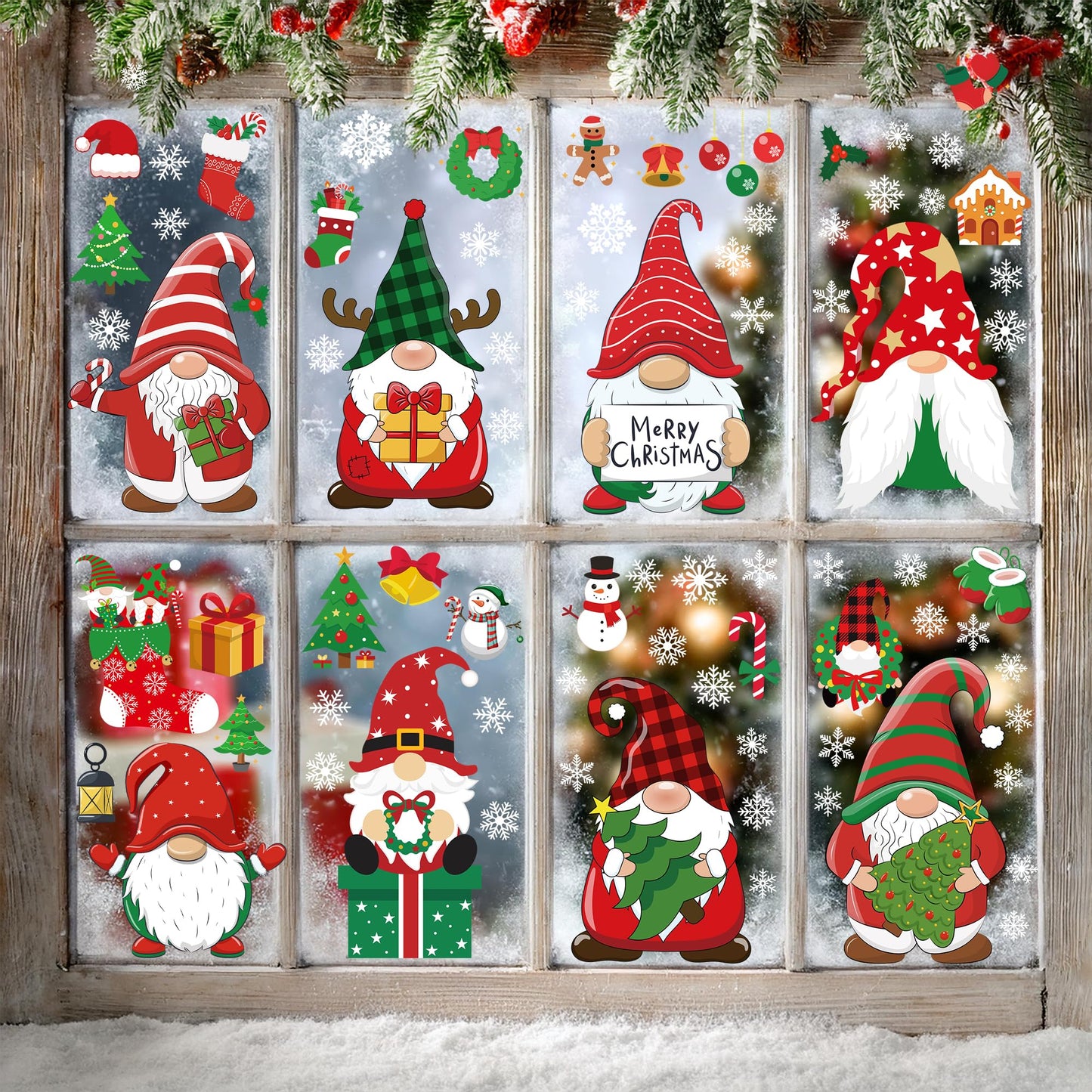79 PCS Christmas Window Clings, Christmas Decorations, 9 Sheets Snowflake Xmas Window Decals Stickers for Glass, Cute Elf Decals for Ugly Sweater Party Decor Accessories Photo Booth Props