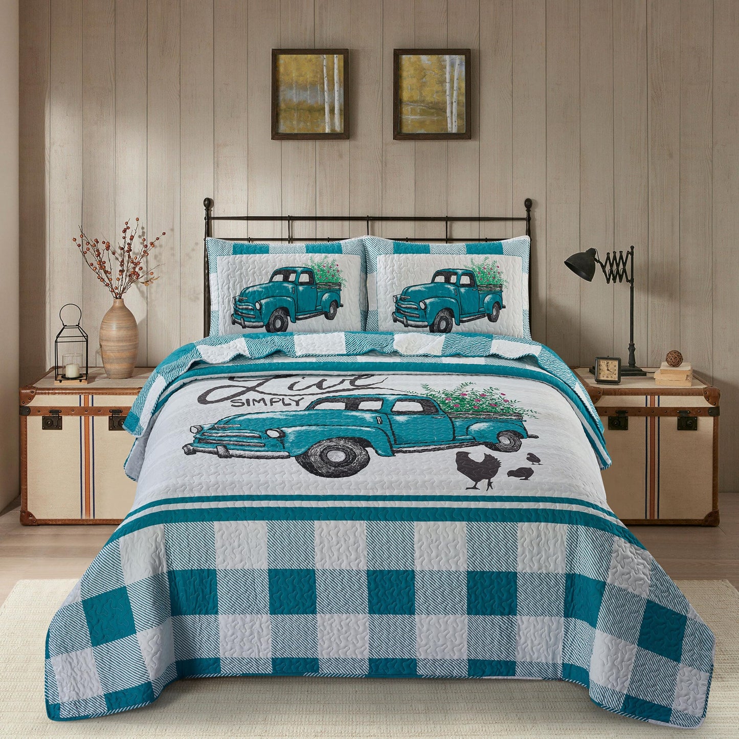 Virah Bella 3 Piece Full/Queen Cabin Quilt Bedding Set - Flower Truck - Rustic Country Reversible Patchwork Comforter Set with Decorative Pillow Shams