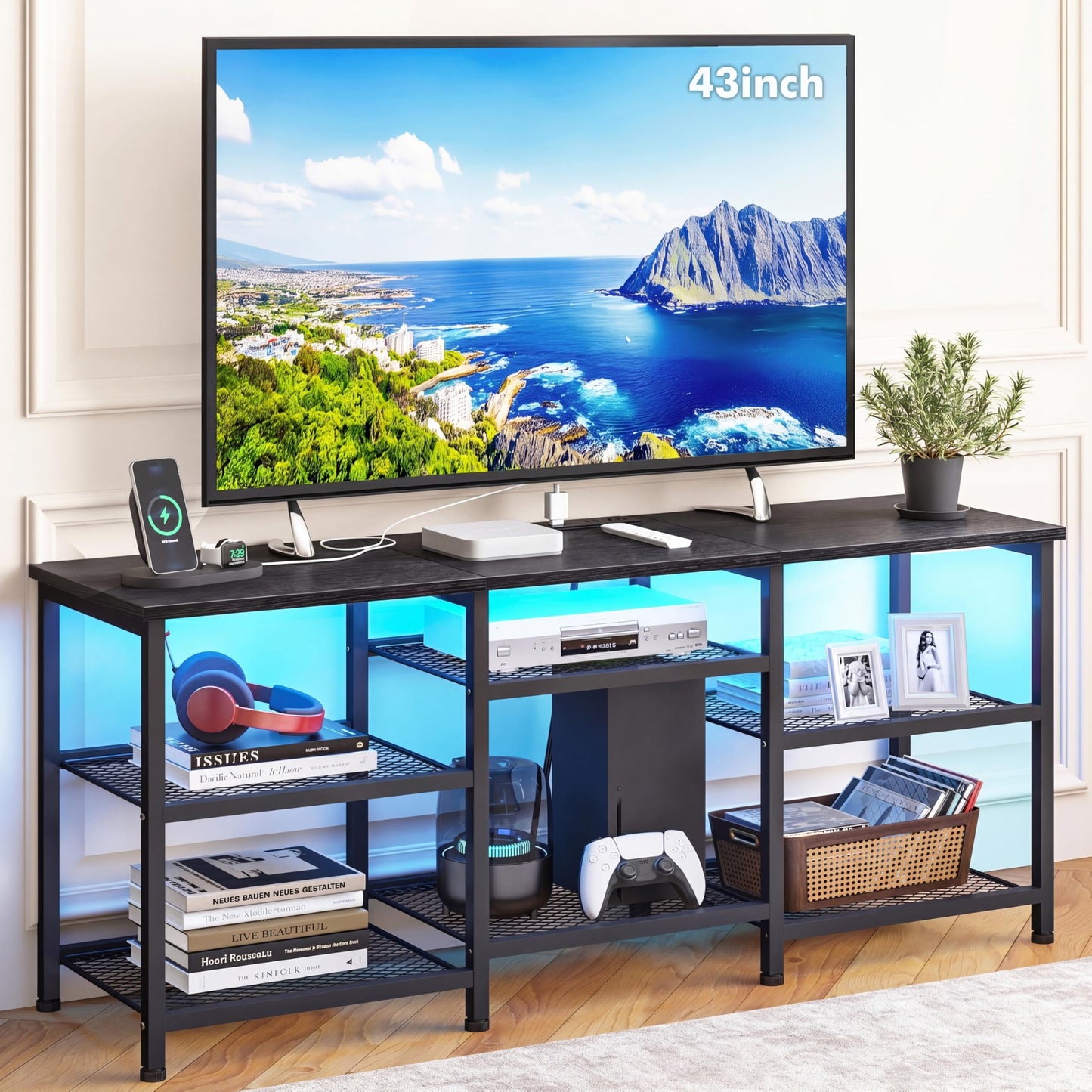 YGEOMER Entertainment Center for TVs Up to 50 Inch, Entertainment Stand with Power Outlet and LED Lights Open Storage Shelves, TV Console Table for Living Room and Bedroom, Black