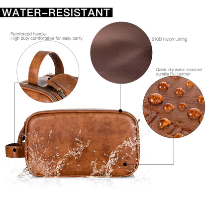 Elviros Water-Resistant PU Leather Toiletry Bag for Men Large Travel Wash Bag Shaving Dopp Kit Bathroom Gym Toiletries Makeup Organizer with Wet Dry Compartment (Brown)