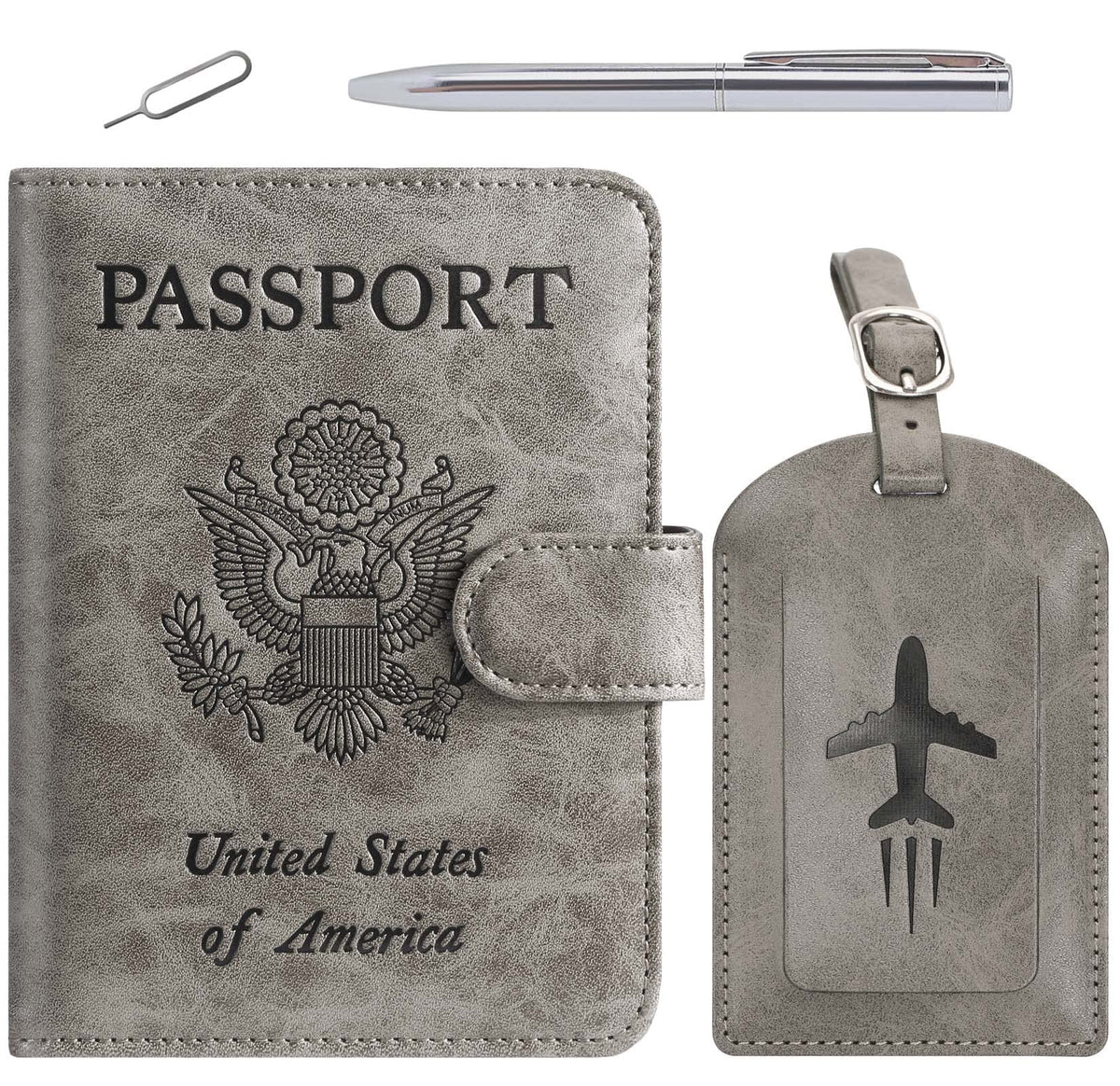 Passport Holder With Luggage Tag Cover Wallet RFID Blocking Leather Case Travel Essentials Accessories Travel Must Have(114#Grey)