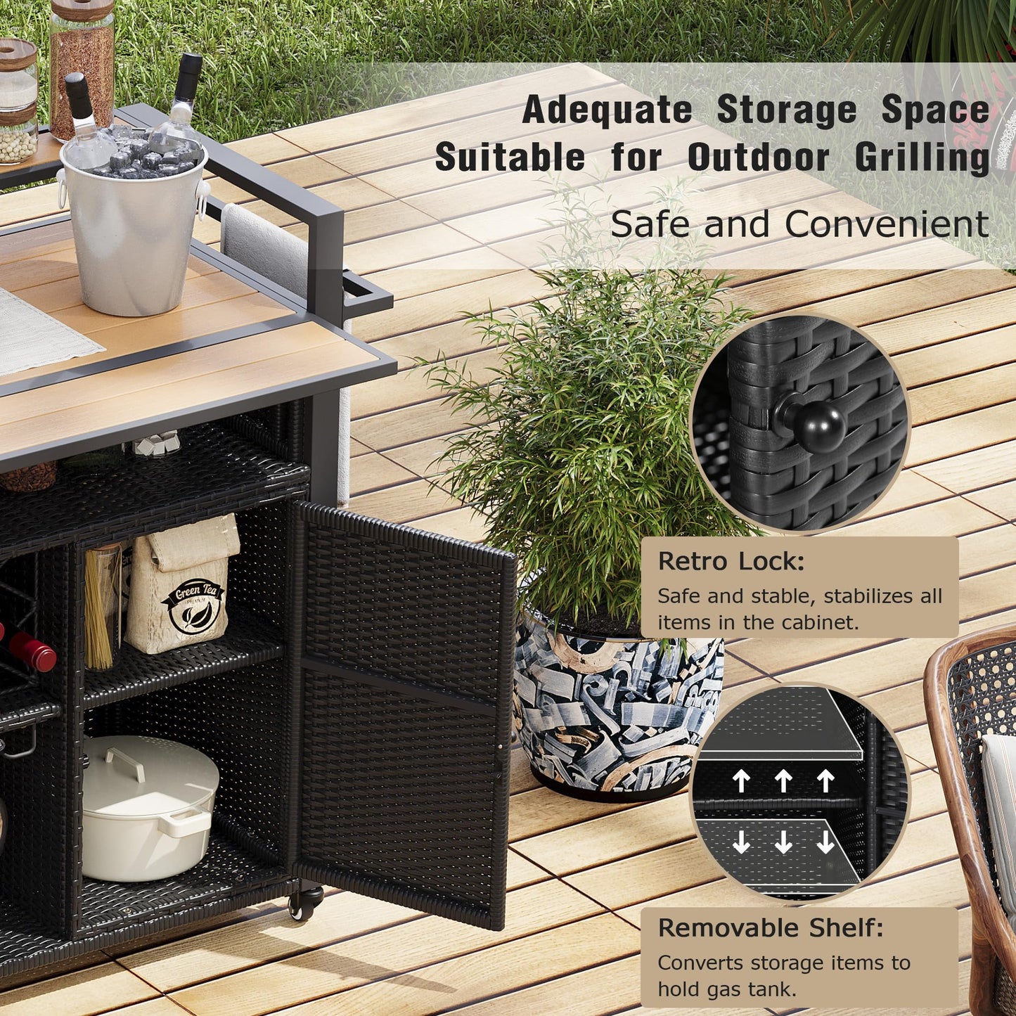 YOPTO Outdoor Grill Cart with Foldable Design,7-Tier Shelves,Lockable Wheels,Wine Rack & Weather-Resistant Wicker Rattan for Indoor/Outdoor Use,Black Brown