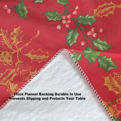 Newbridge Red Golden Holly Christmas Vinyl Tablecloth with Flannel Backing, Metallic Gold Holly & Berry Print, Wipe Clean Easy Care, 52 x 52 Inch Square