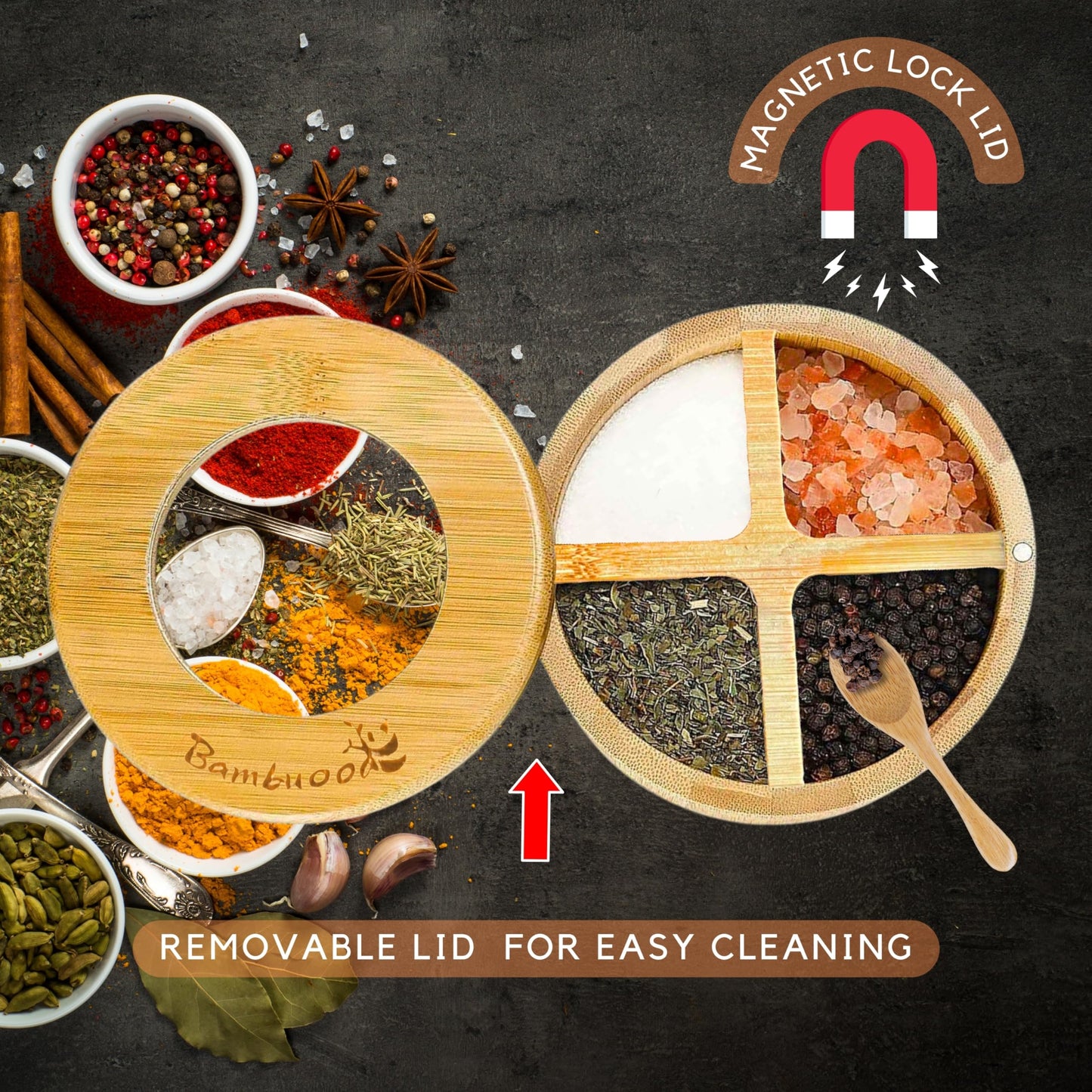 Bambuood Premium 4 Compartments Salt & Spice Cellar with Spoon - Swivel Magnetic Lid for Convenient Seasoning Access - 100% Natural Bamboo - Elegant and Eco-Friendly Kitchen Accessory.