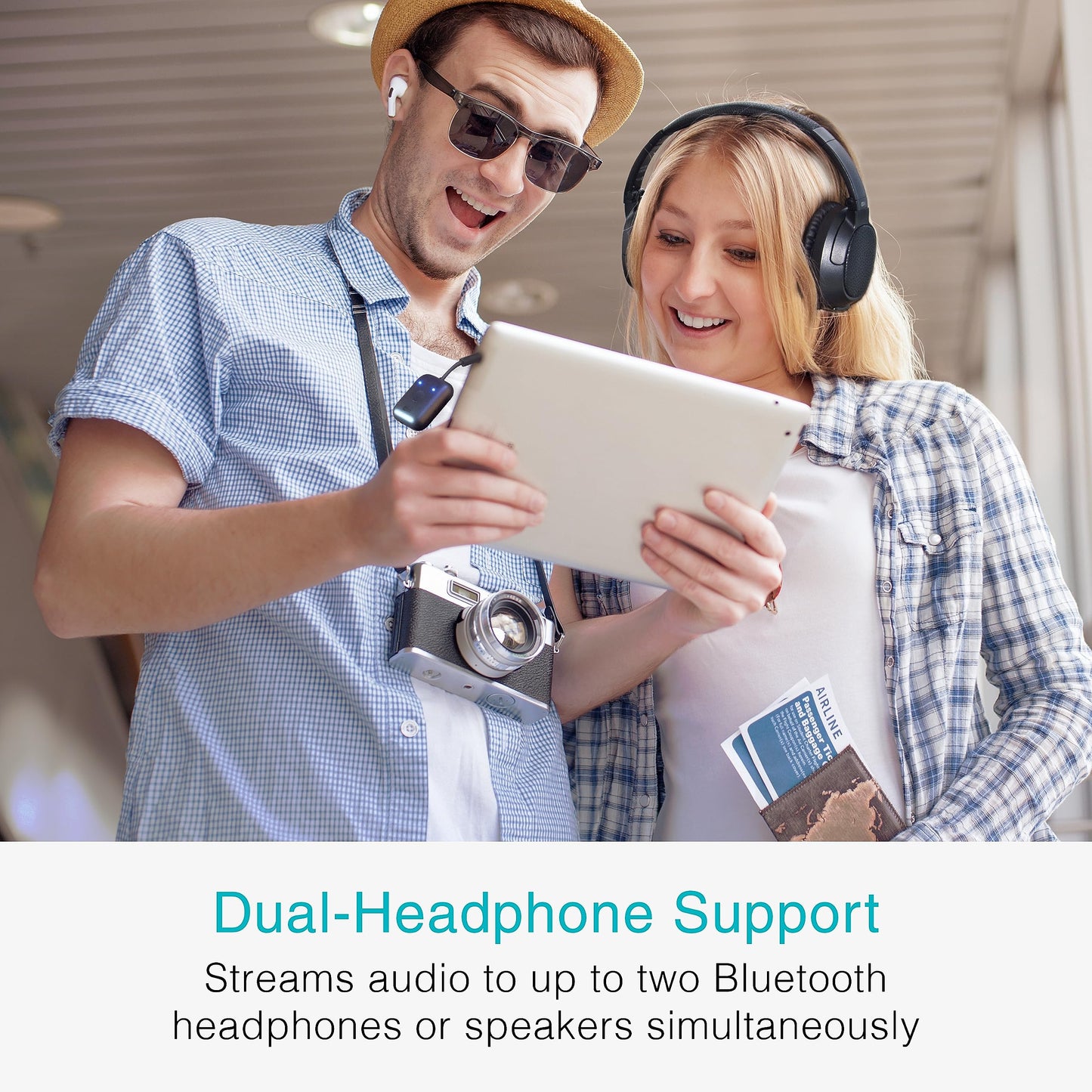 MEE Audio Connect Air in-Flight Bluetooth Wireless Audio Transmitter Adapter for up to 2 AirPods/Other Headphones; Works with All 3.5mm Aux Jacks on Airplanes, Gym Equipment, TVs, & Gaming Consoles
