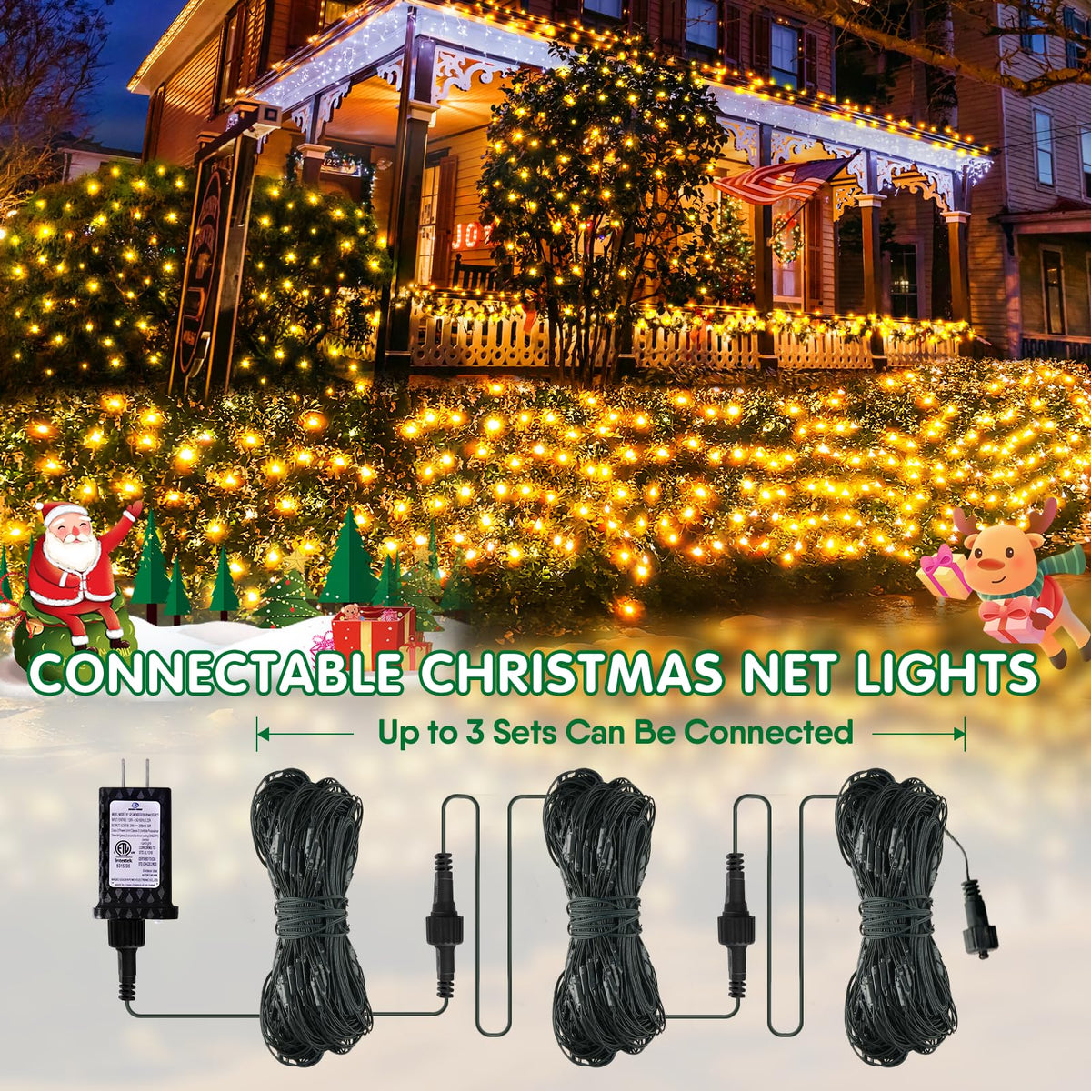 Hezbjiti Christmas Net Lights Outdoor 200 LED 6.9FT x 5.4FT Green Wire with 8 Modes, Connectable Plug in Waterproof, Timer Memory Function for Xmas Tree Bushes Porch Lawn Windows Decor（Warm White）