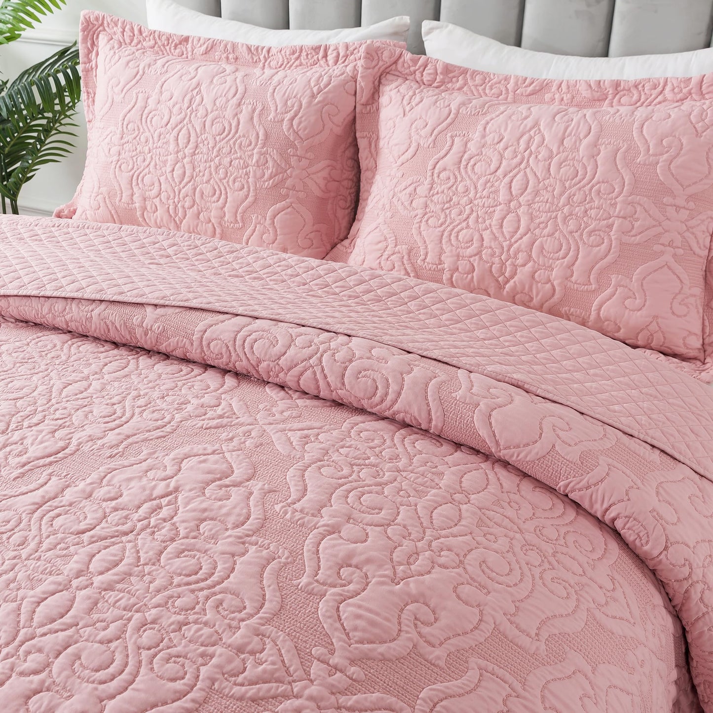 NEWLAKE Quilt Bedspread Set, Pink Jacquard Embossed Floral Pattern Reversible Embroidered Microfiber Coverlet Sets, Queen Size
