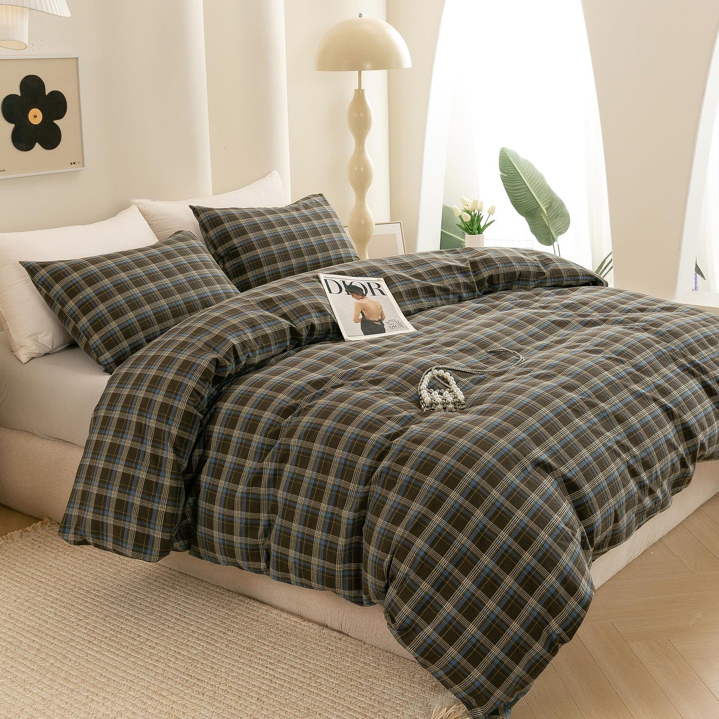 ECOCOTT Buffalo Plaid Duvet Cover Queen Size – 3 Piece Washed Cotton Brown & Blue Bedding Set, Soft & Breathable, Reversible Checkered Design with Zipper Closure & Corner Ties